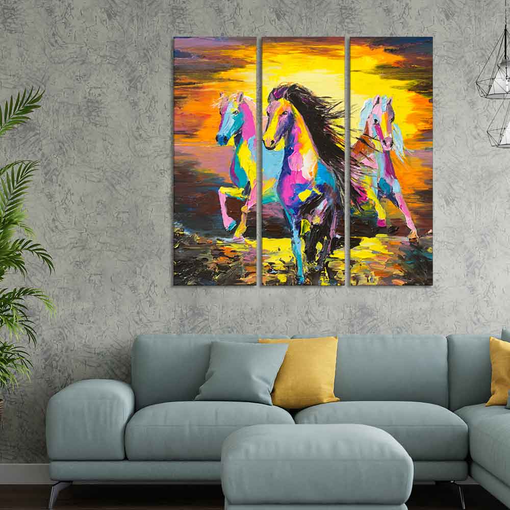 Horses Running in Sunset Canvas Wall Painting of 3 Pieces