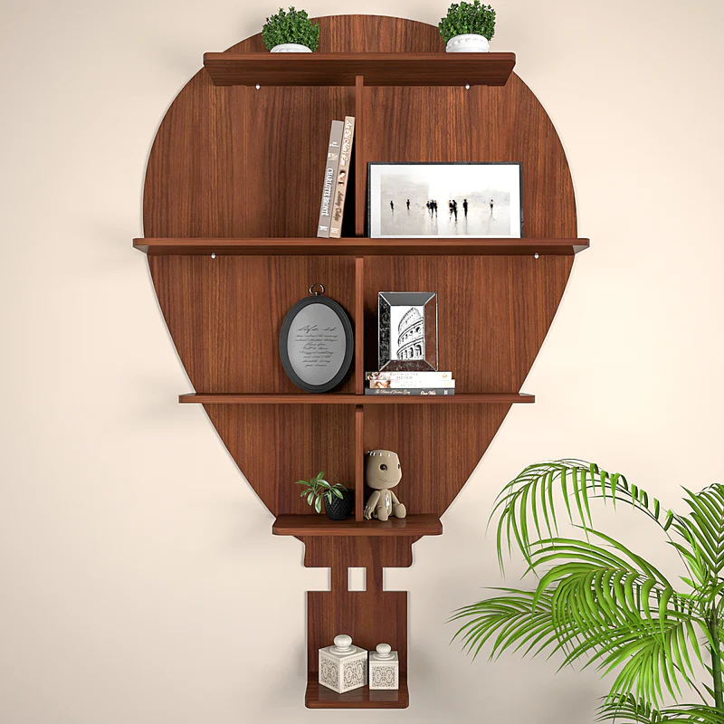 Hot Air Balloon Backlit Designer Wooden Wall Shelf / Book Shelf / Night Light, Walnut Finish