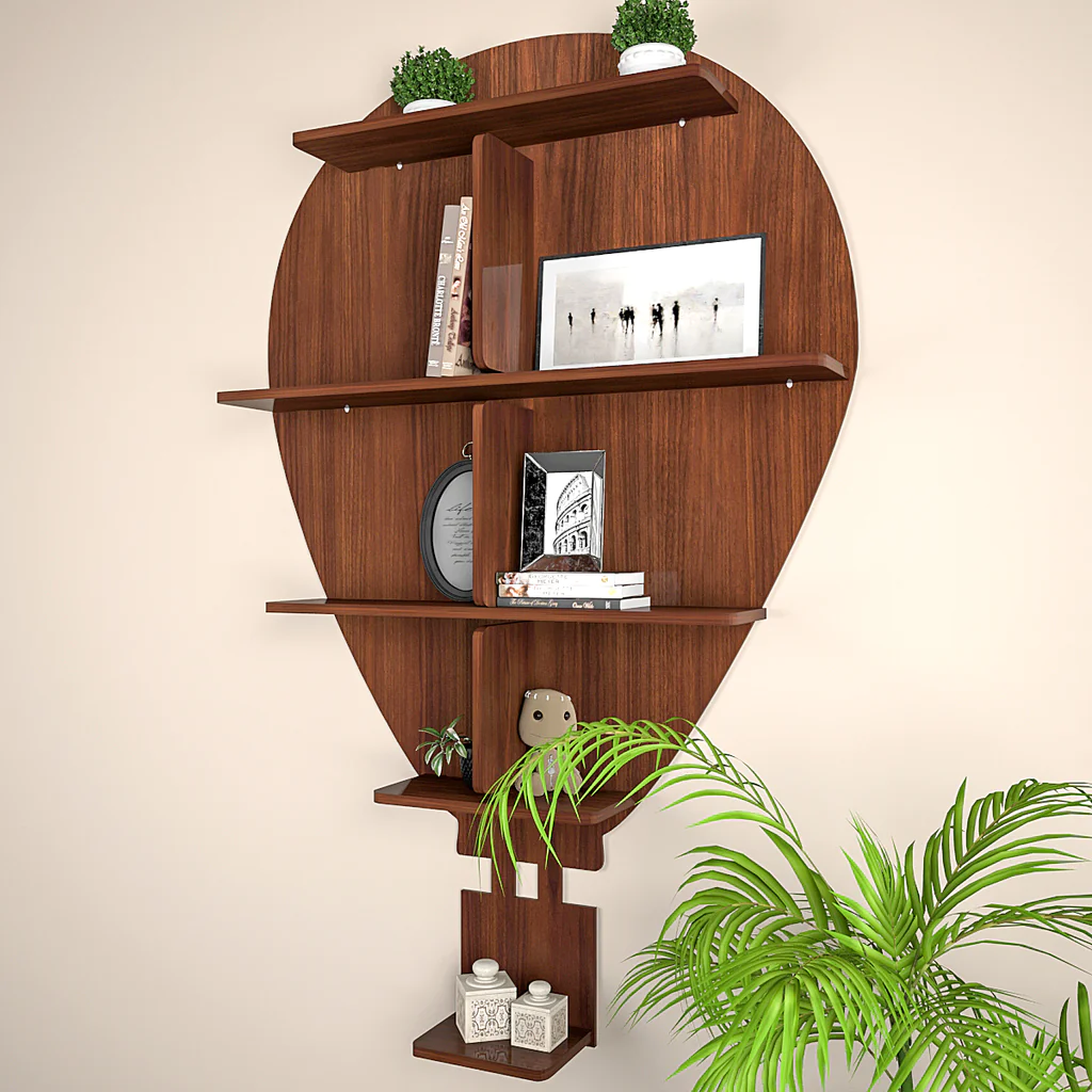 Hot Air Balloon Backlit Designer Wooden Wall Shelf / Book Shelf / Night Light, Walnut Finish