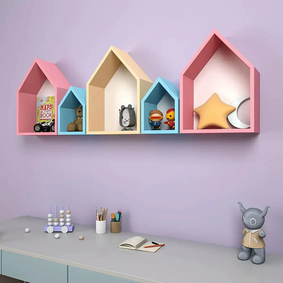 Hut Shape Wooden Wall Storage Shelves for Kids