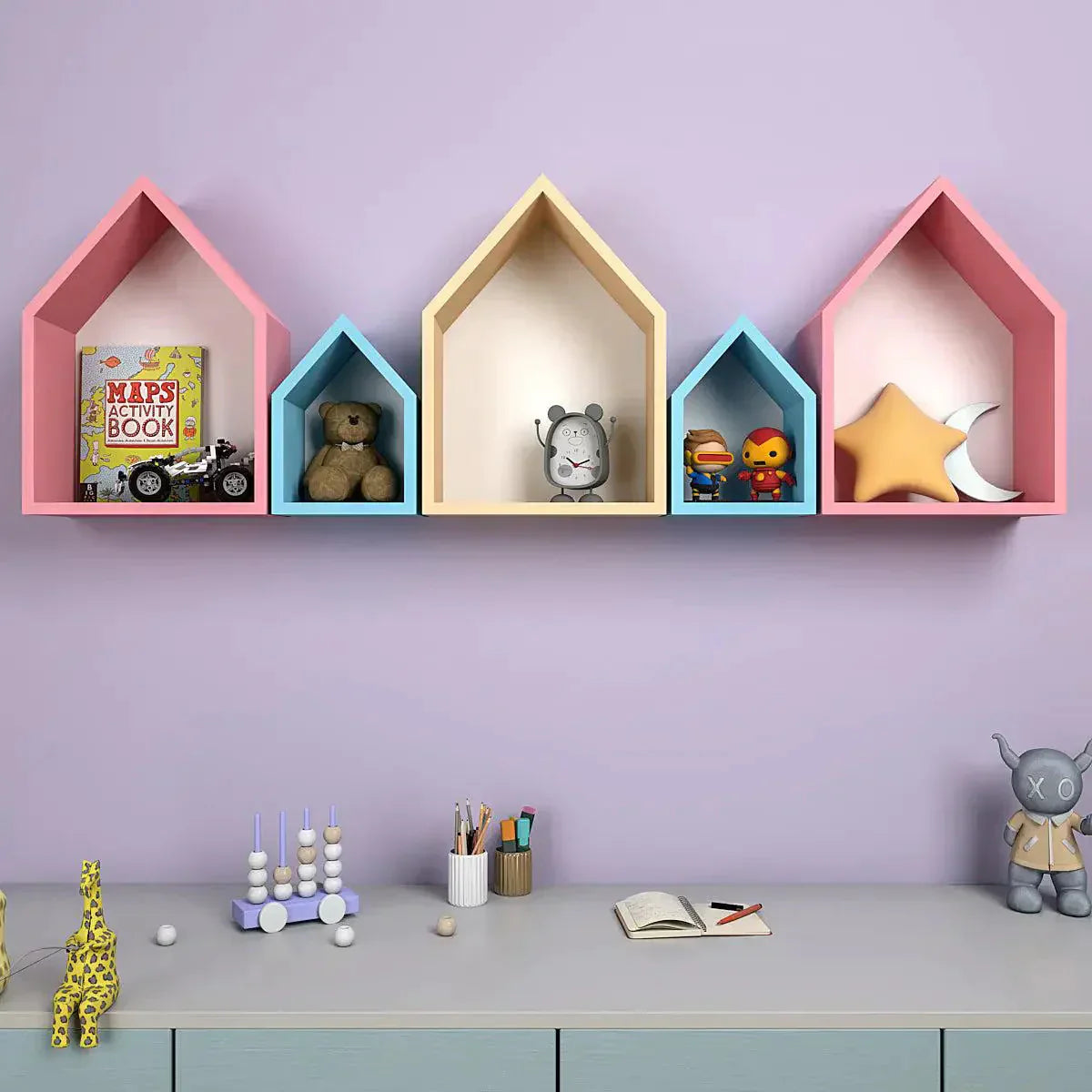 Hut Shape Wooden Wall Storage Shelves for Kids