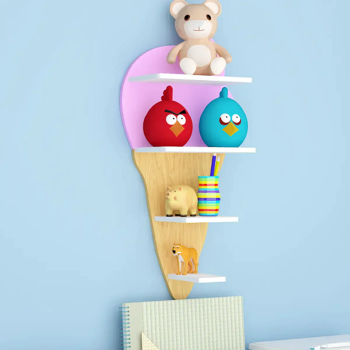 Ice-Cream Shape Wooden Wall Storage Shelf for Kids