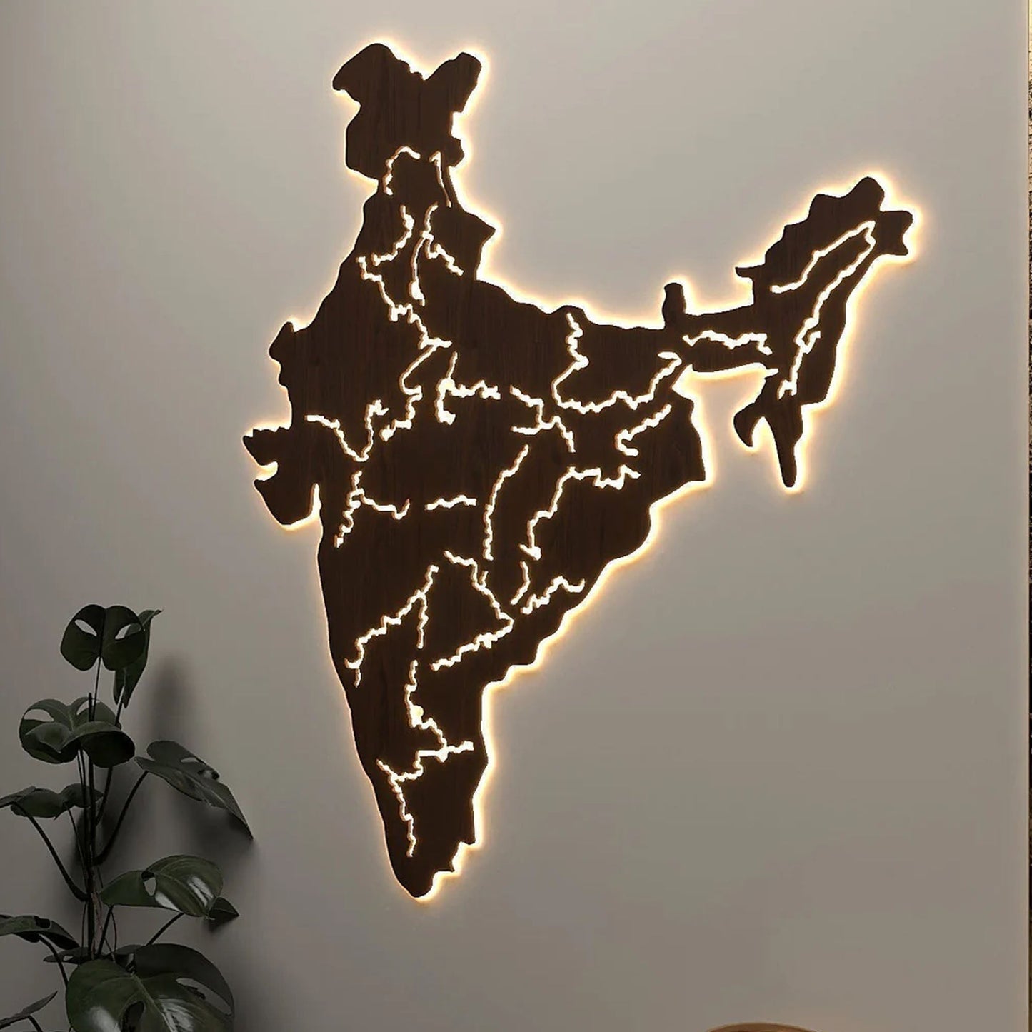 India Map Backlit Wooden Wall Decor with LED Night Light Walnut Finish