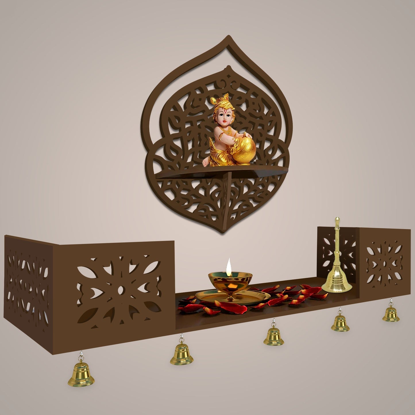 Intricate Jali Designer Shaped Wall Hanging Wooden Temple/ Pooja Mandir Design with Shelf, Brown Color