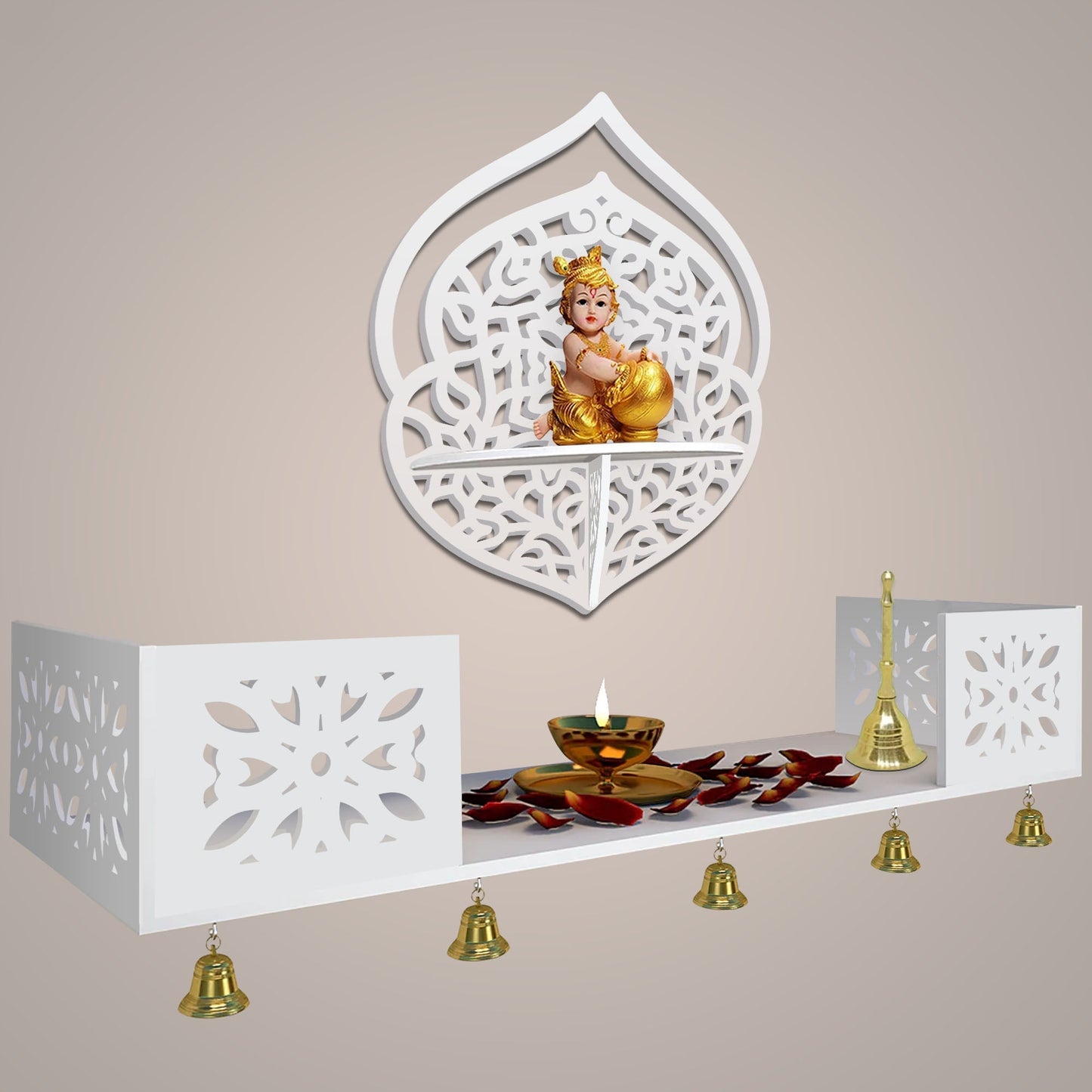 Intricate Jali Designer Shaped Wall Hanging Wooden Temple/ Pooja Mandir Design with Shelf, White Color