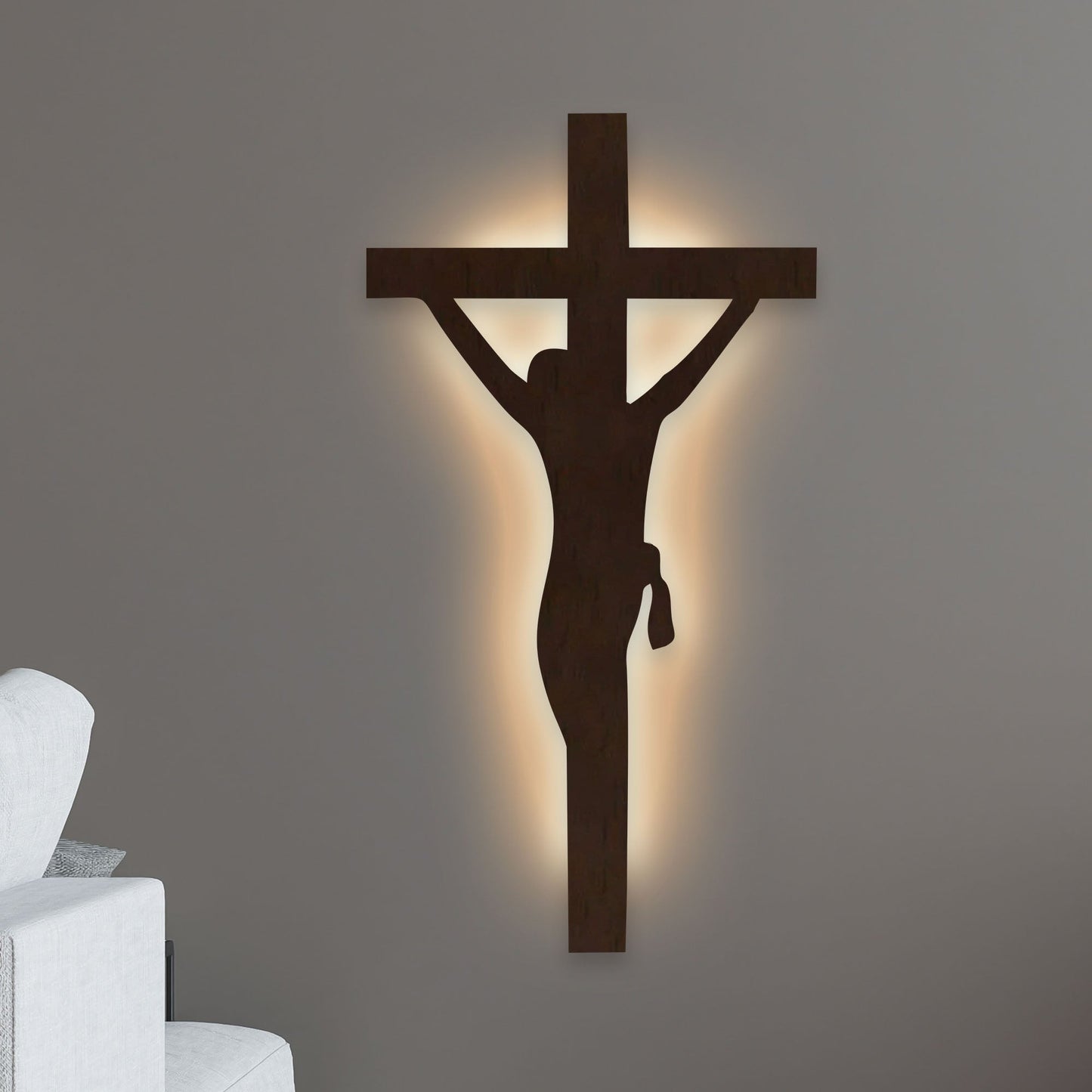 Jesus Crosses Backlit Wooden Wall Hanging with LED Night Light Walnut Finish