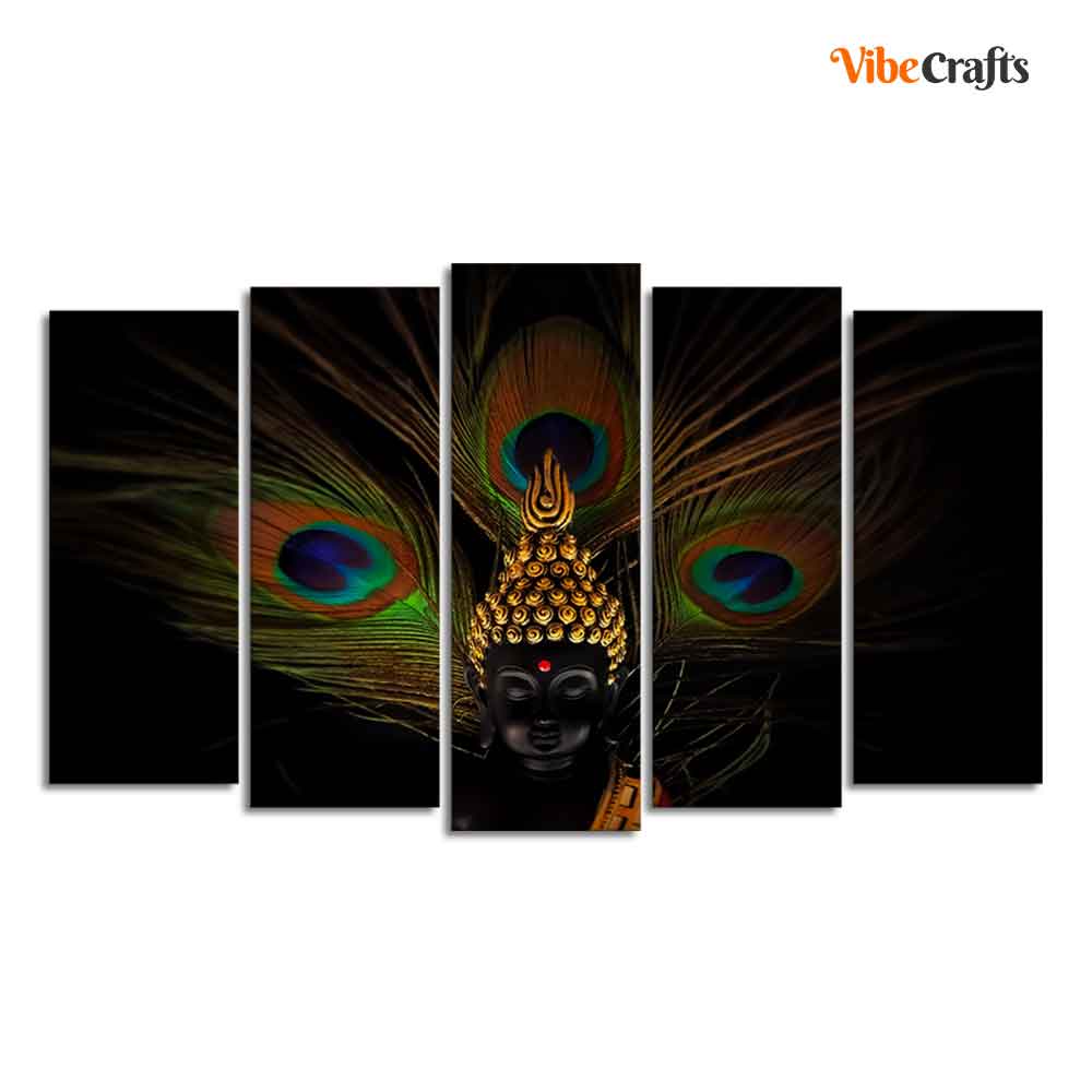 Lord Buddha With Peacock Feather Wall Painting of Five Pieces Set