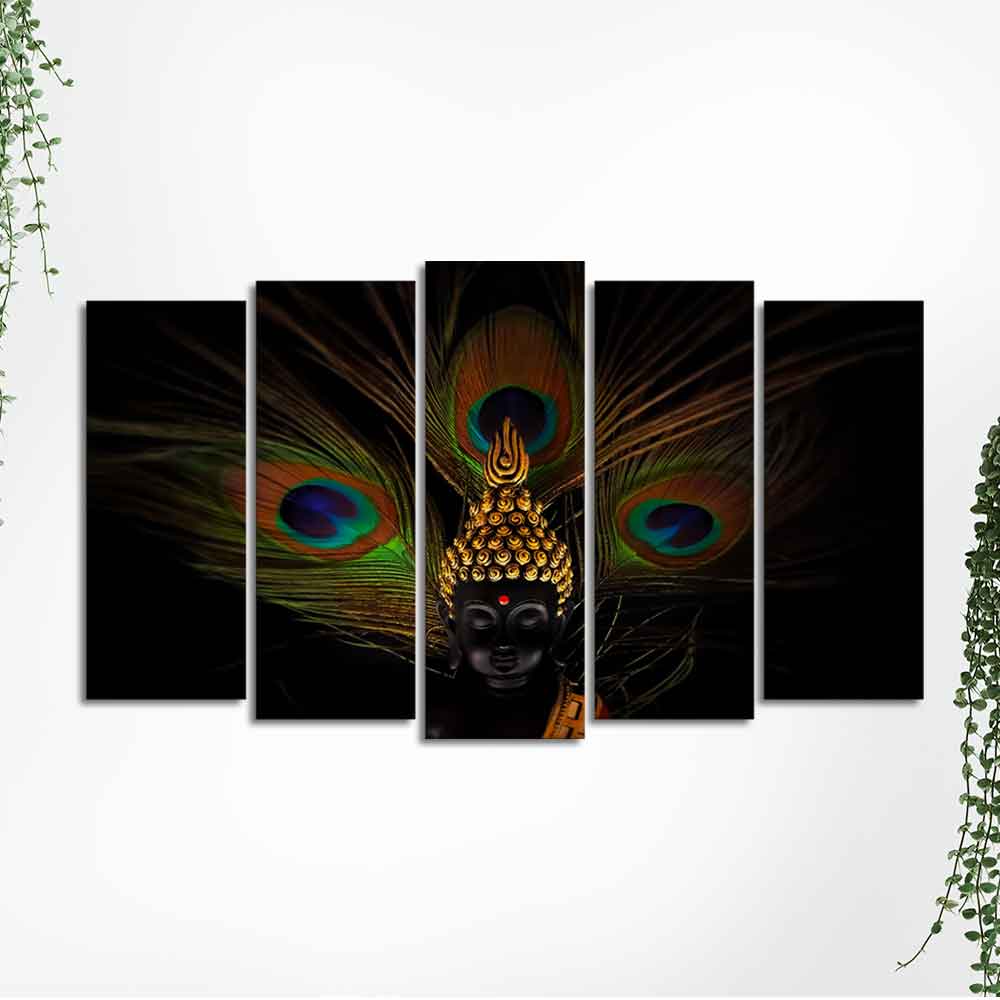 Lord Buddha With Peacock Feather Wall Painting of Five Pieces Set