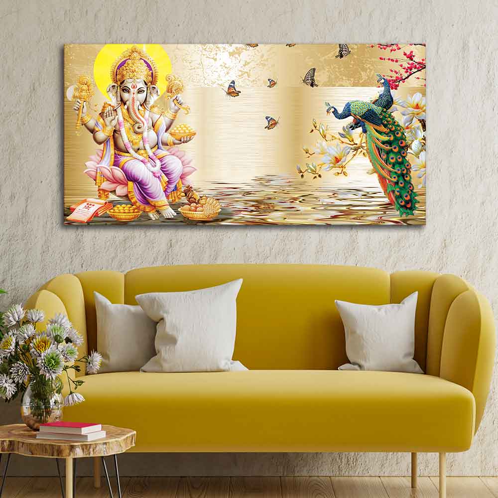 Lord Ganesha and Peacocks Canvas Wall Painting