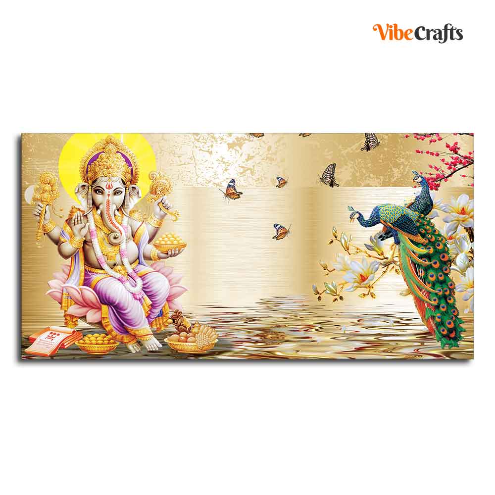 Lord Ganesha and Peacocks Canvas Wall Painting