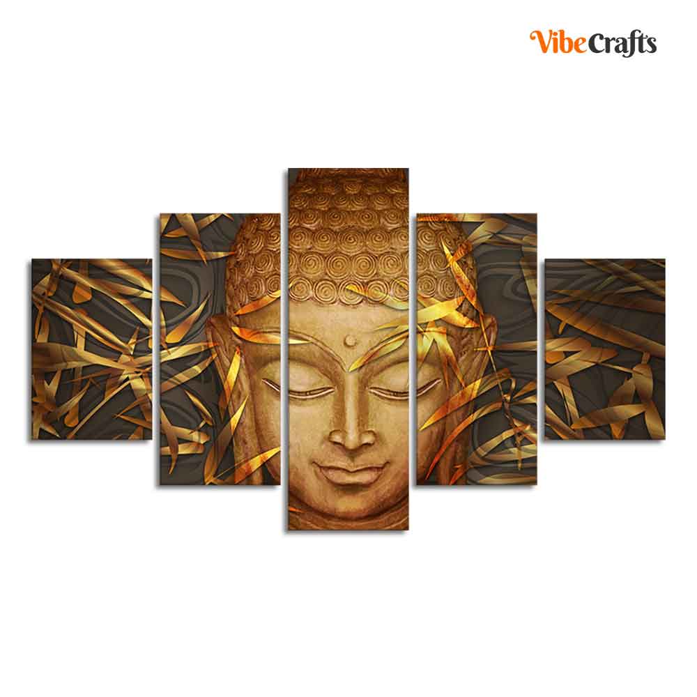 Lord Gautam Buddha with Serene Smile Wall Painting of Five Pieces