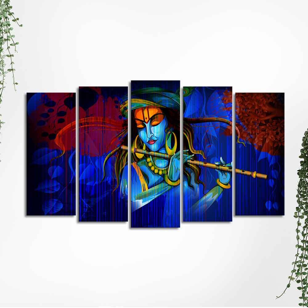 Lord Krishna Playing Flute 5 Pieces Wall Painting