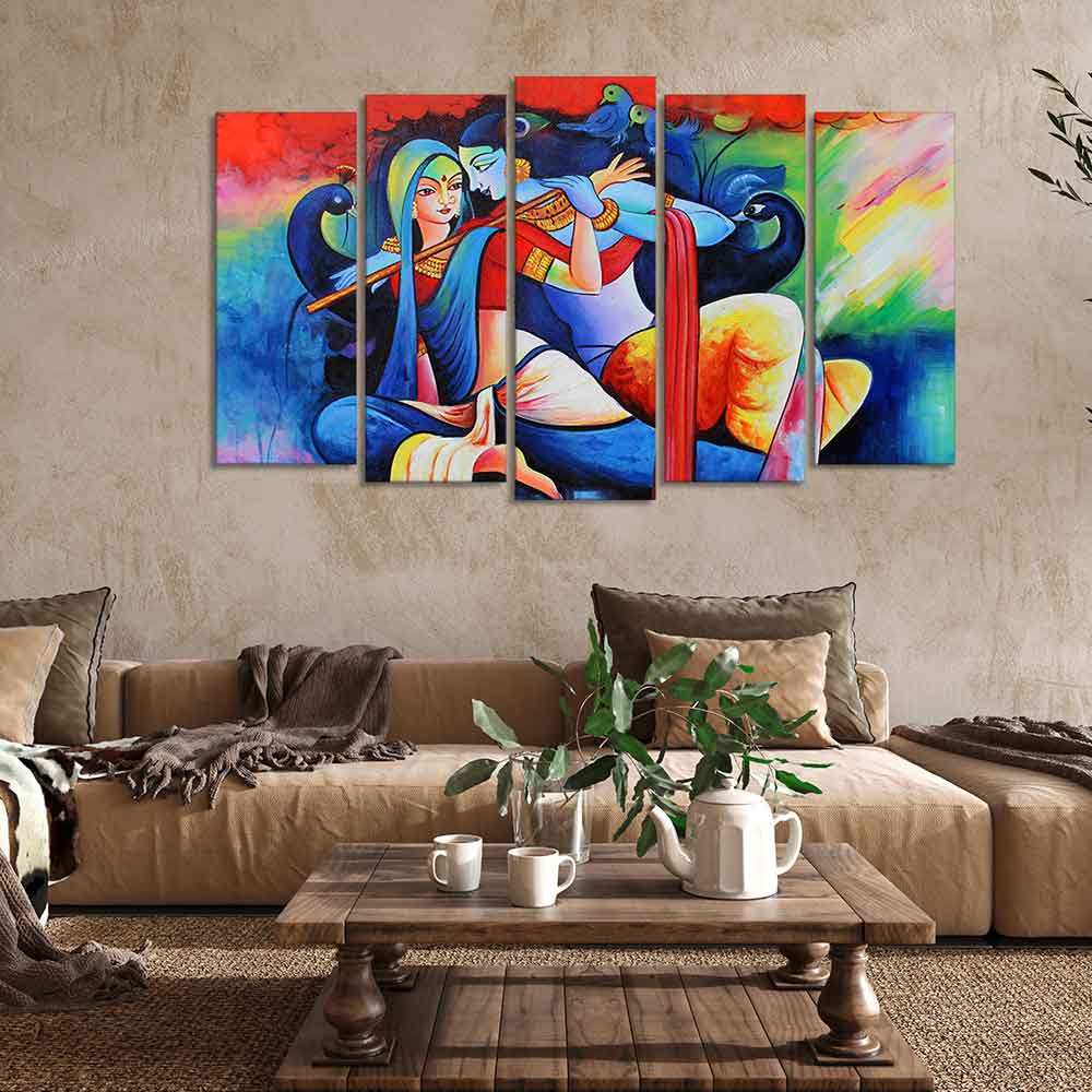 Lord Radha Krishan Playing Flute Canvas Wall Painting Set of Five Panel