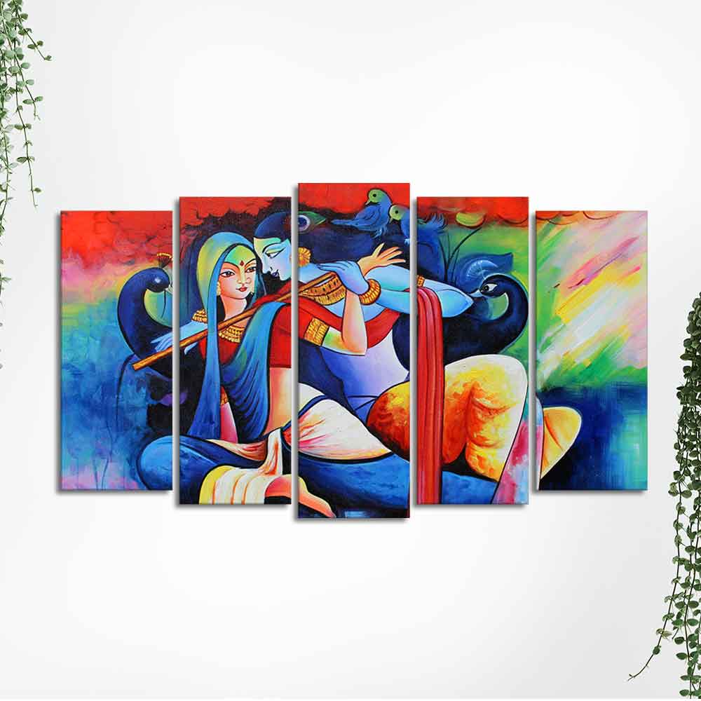 Lord Radha Krishan Playing Flute Canvas Wall Painting Set of Five Panel