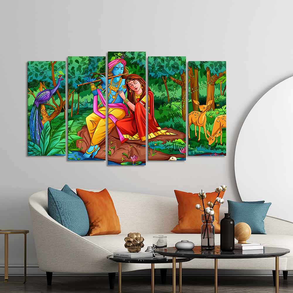 Lord Radha Krishna in Forest Wall Painting of Five Pieces