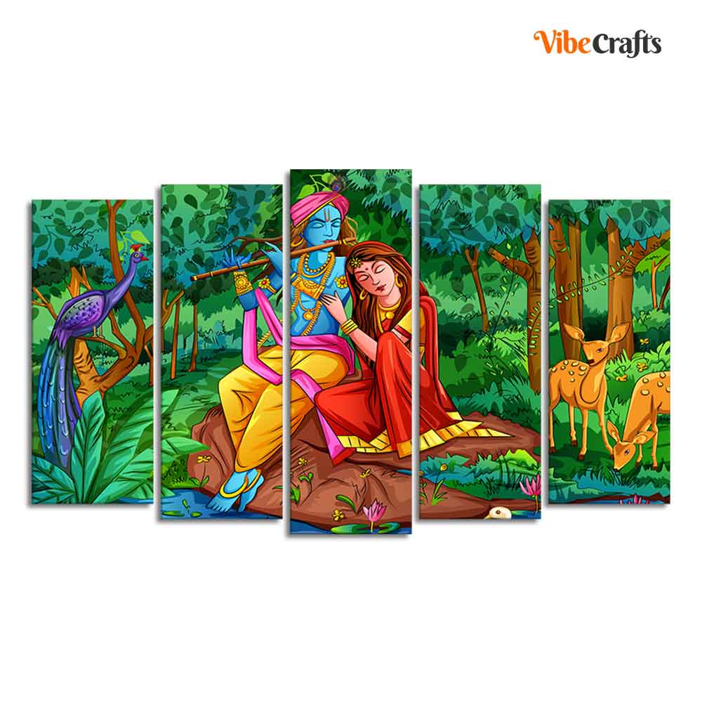 Lord Radha Krishna in Forest Wall Painting of Five Pieces