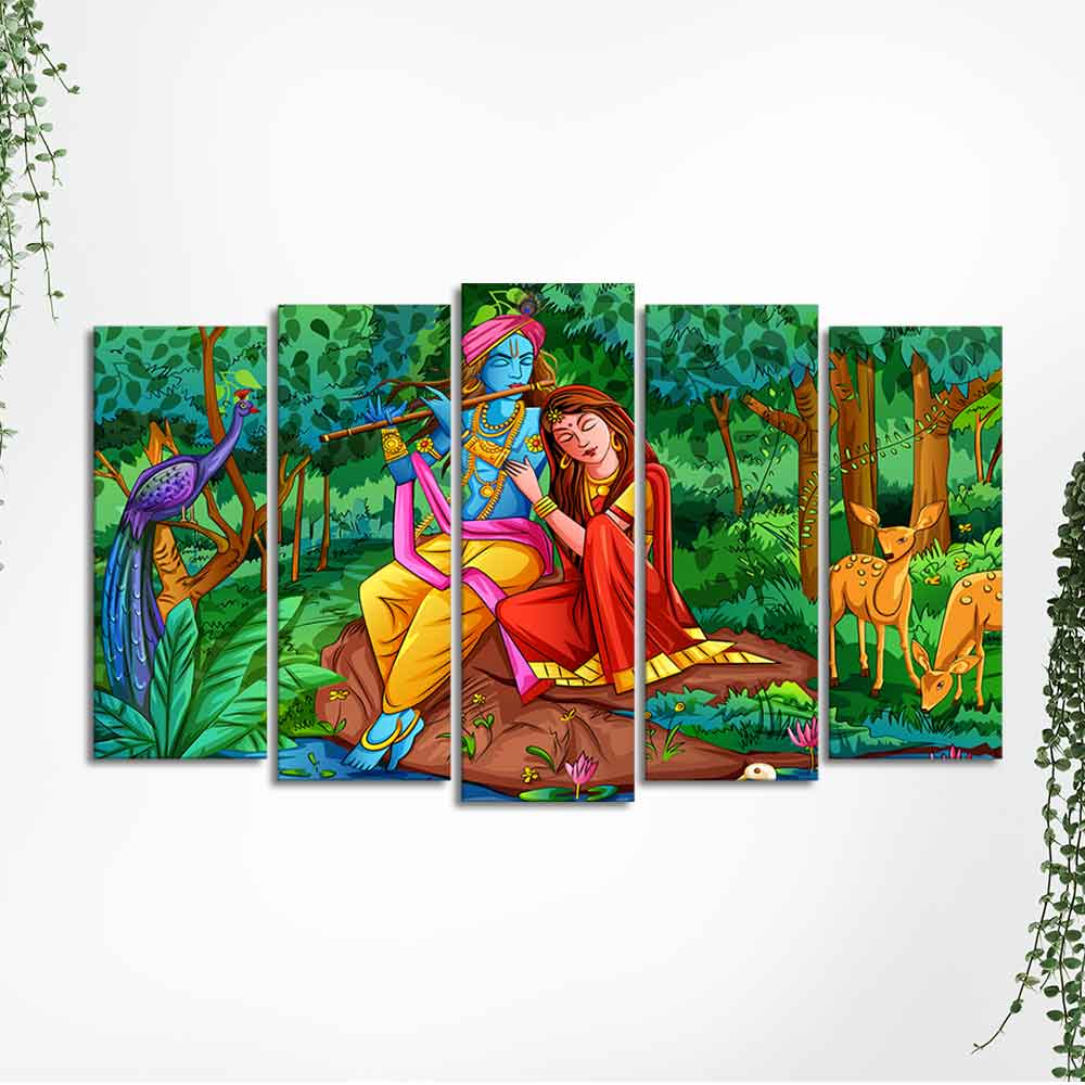 Lord Radha Krishna in Forest Wall Painting of Five Pieces