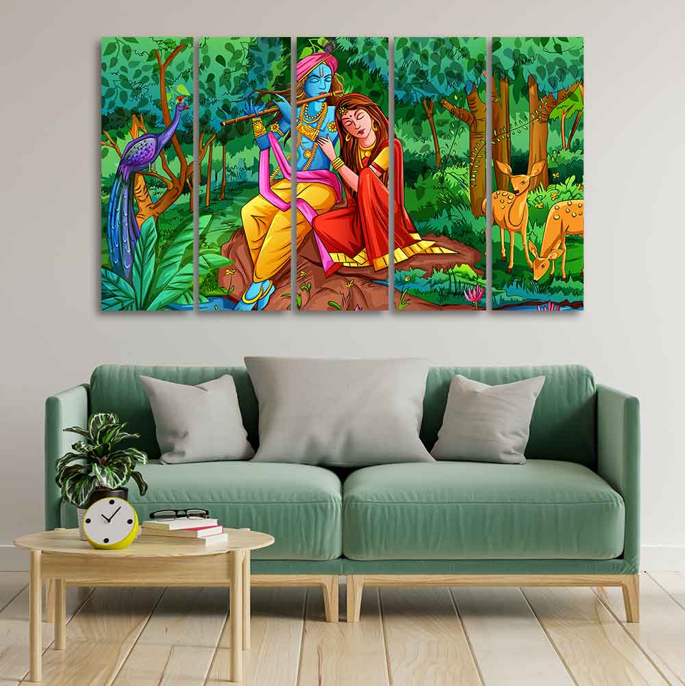 Lord Radha Krishna in Forest Wall Painting Set of Five Pieces