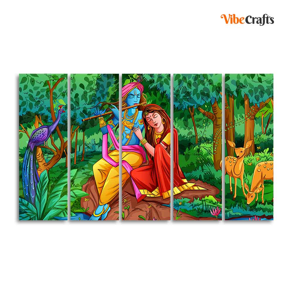 Lord Radha Krishna in Forest Wall Painting Set of Five Pieces