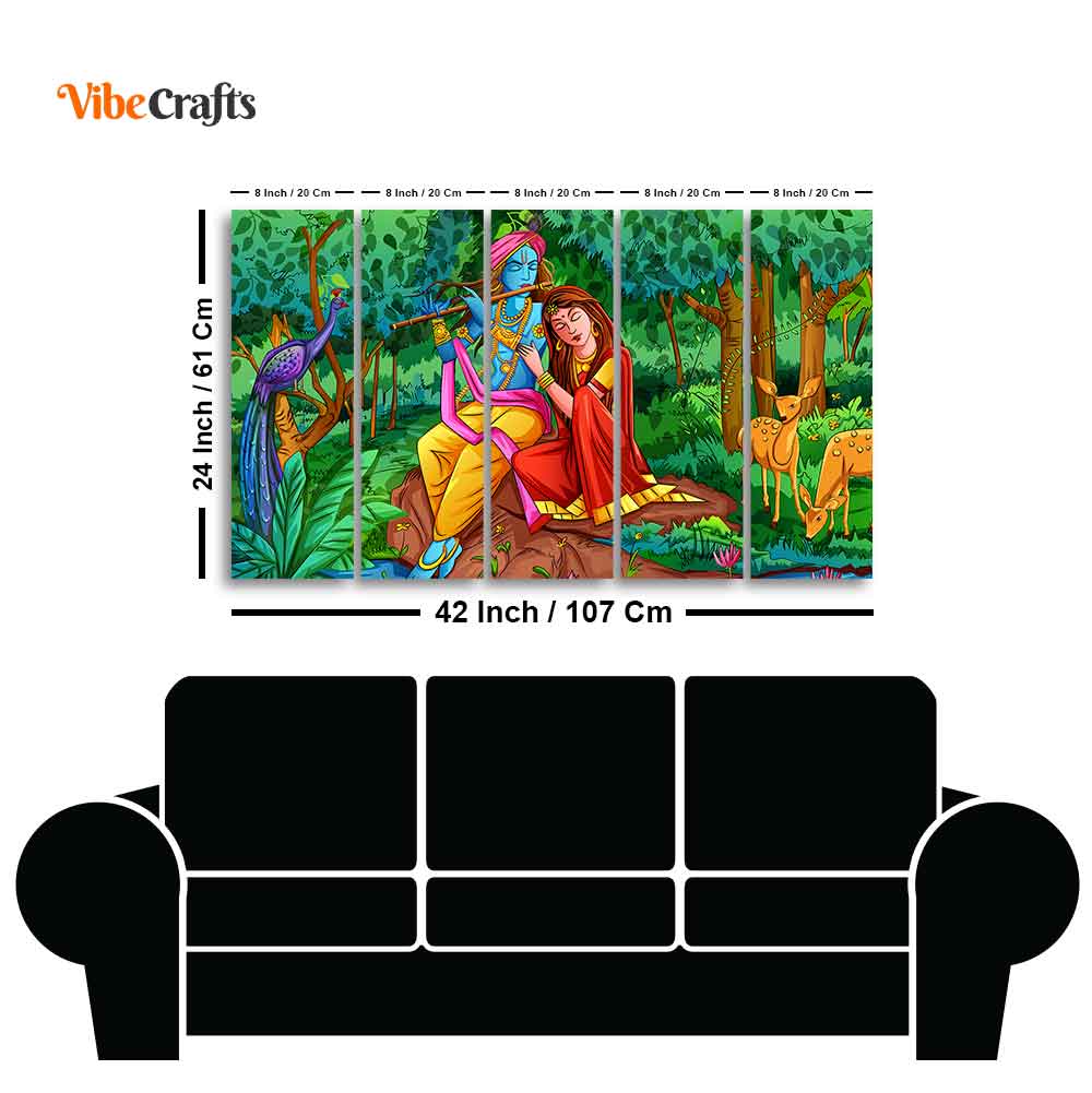 Lord Radha Krishna in Forest Wall Painting Set of Five Pieces