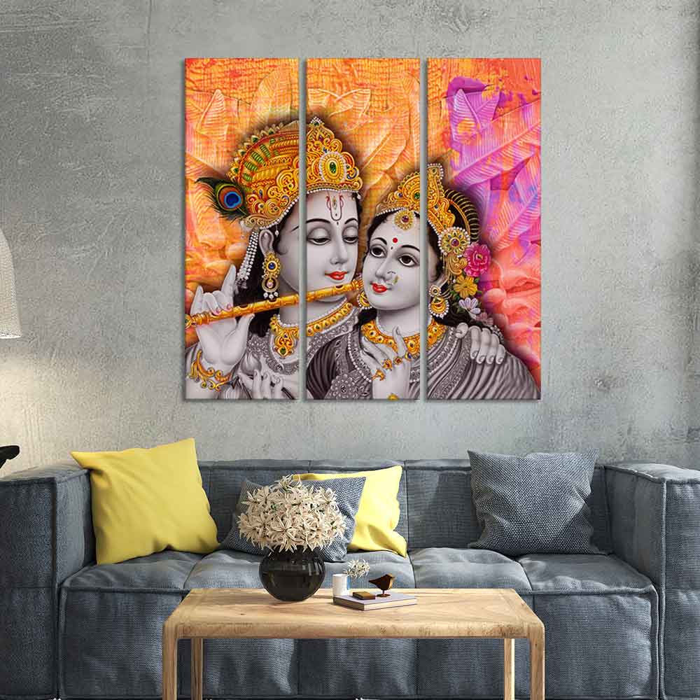 Lord Radha Krishna Playing Flute Canvas Wall Painting 3 Panel Set