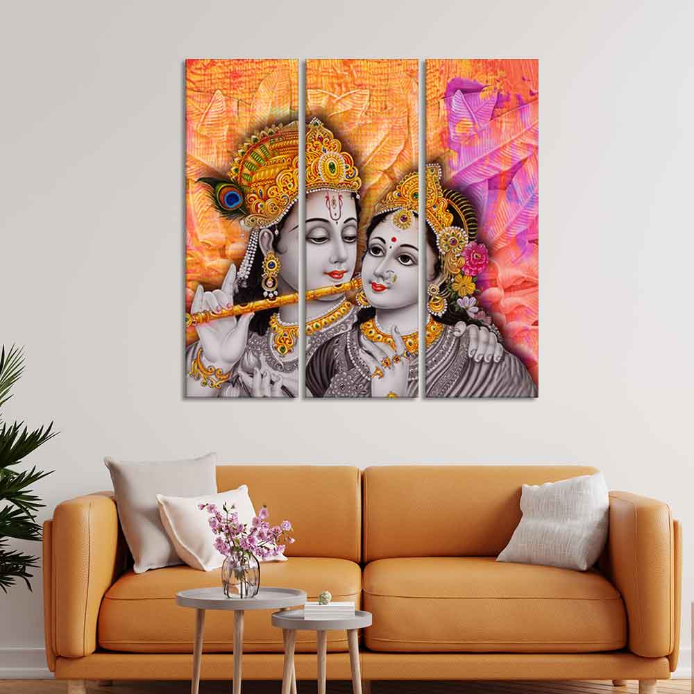 Lord Radha Krishna Playing Flute Canvas Wall Painting 3 Panel Set