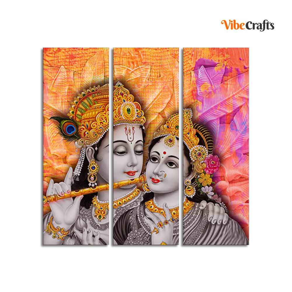 Lord Radha Krishna Playing Flute Canvas Wall Painting 3 Panel Set