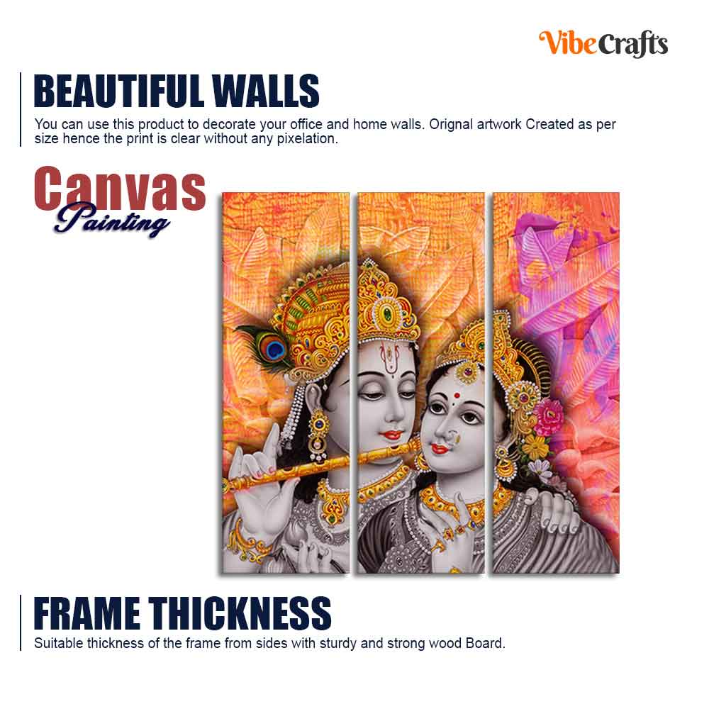 Lord Radha Krishna Playing Flute Canvas Wall Painting 3 Panel Set