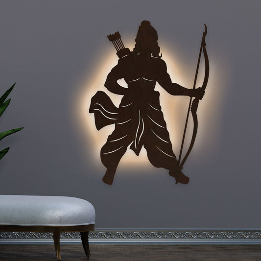 Lord Shree Ram Backlit Wooden Wall Decor with LED Night Light Walnut Finish