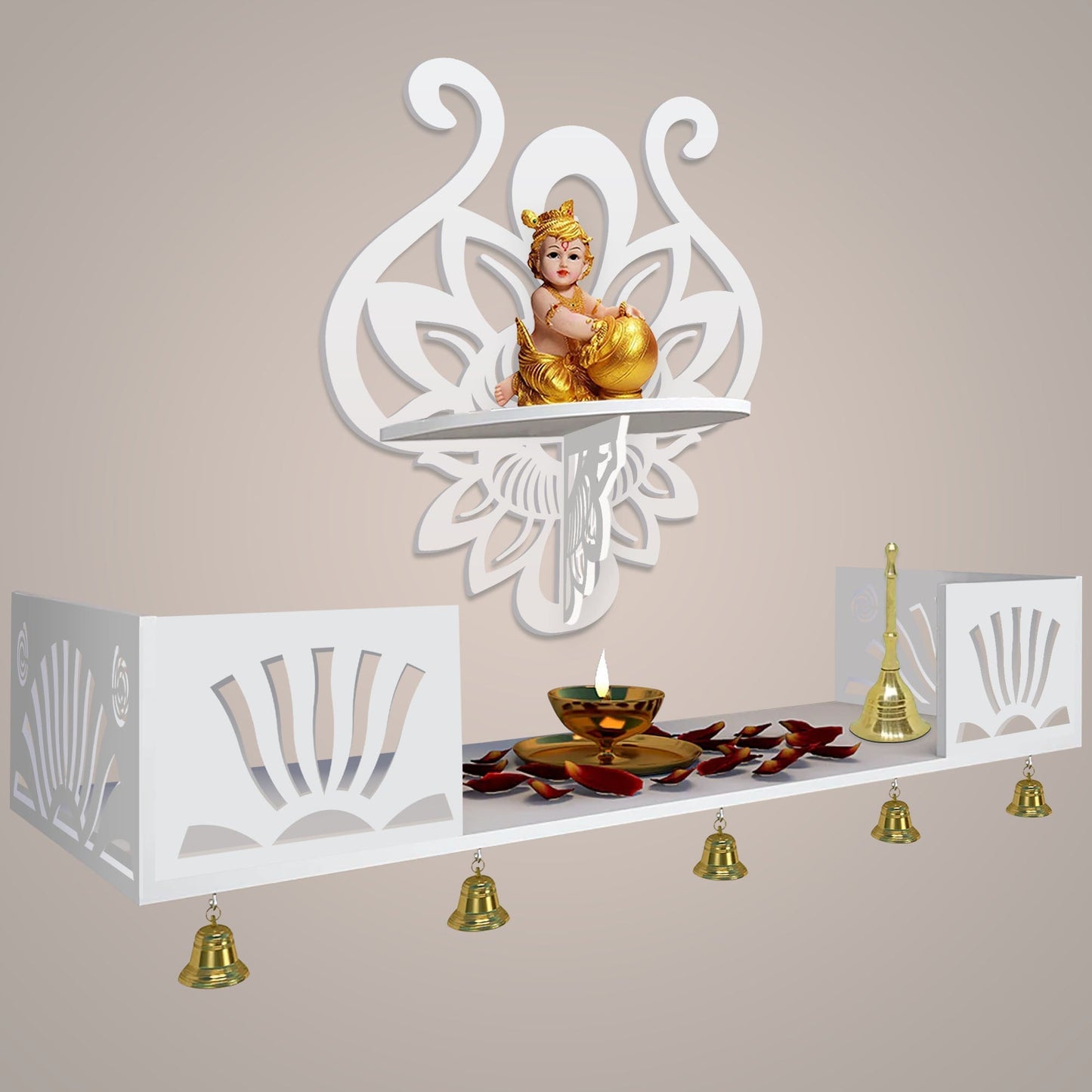 Lotus Pattern Wall Hanging Wooden Temple/ Pooja Mandir Design with Shelf, White Color