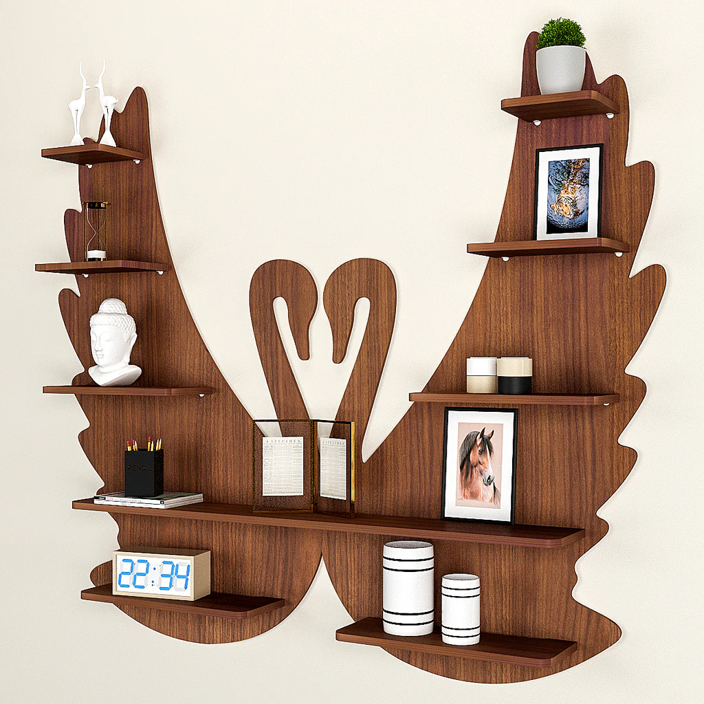 Loving Swan Backlit Designer Wooden Wall Shelf / Book Shelf / Night Light, Walnut Finish