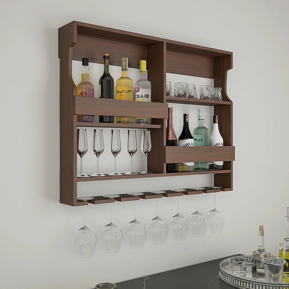 Luxurious Brown Coloured Wooden Mini Bar Shelf