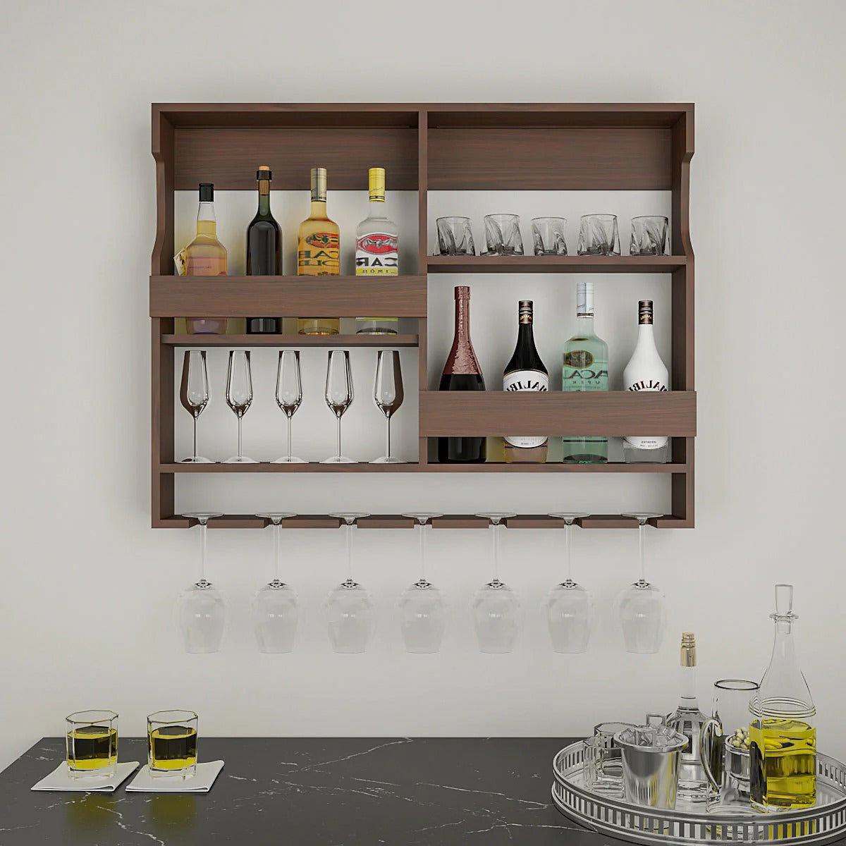 Luxurious Brown Coloured Wooden Mini Bar Shelf