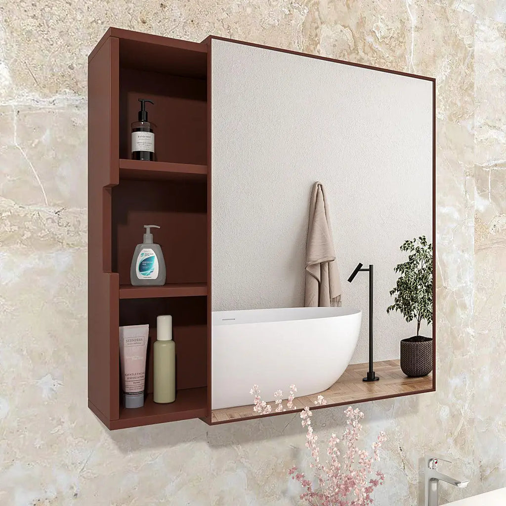 Luxurious Classic Wooden Bathroom Cabinet Mirror with 3 Open Shelves with Brown Finish