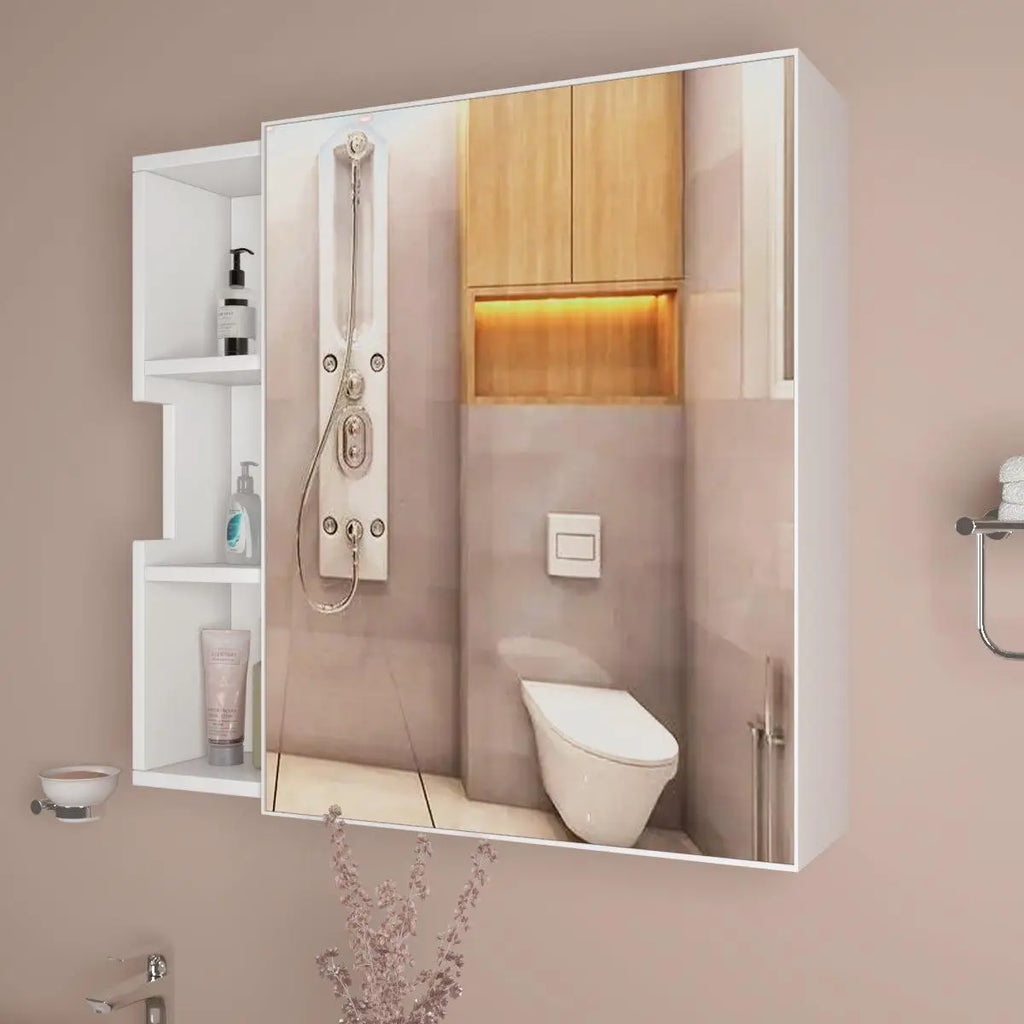 Luxurious Classic Wooden Bathroom Cabinet Mirror with 3 Open Shelves with White Finish