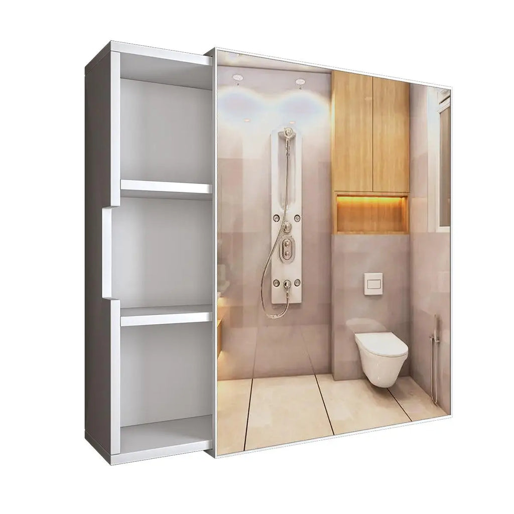 Luxurious Classic Wooden Bathroom Cabinet Mirror with 3 Open Shelves with White Finish