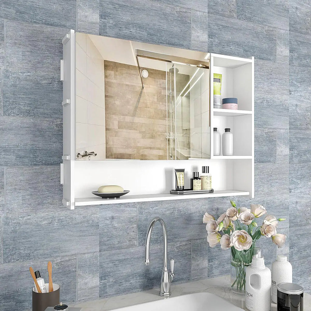 Luxurious Elegant Designer Large Bathroom Mirror Cabinet with 5 Spacious Shelves White Finish