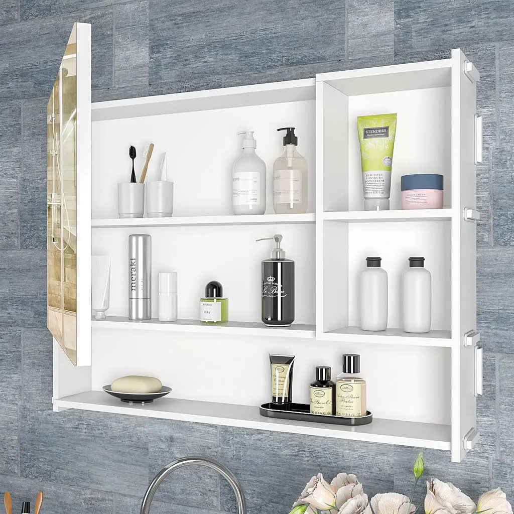 Luxurious Elegant Designer Large Bathroom Mirror Cabinet with 5 Spacious Shelves White Finish