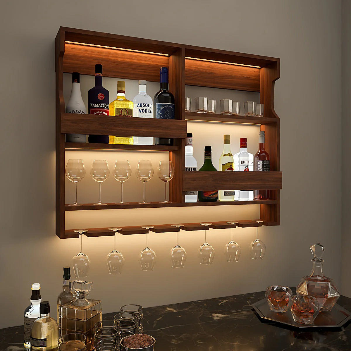 Luxurious Style Backlit Walnut Finished Mini Bar Shelf