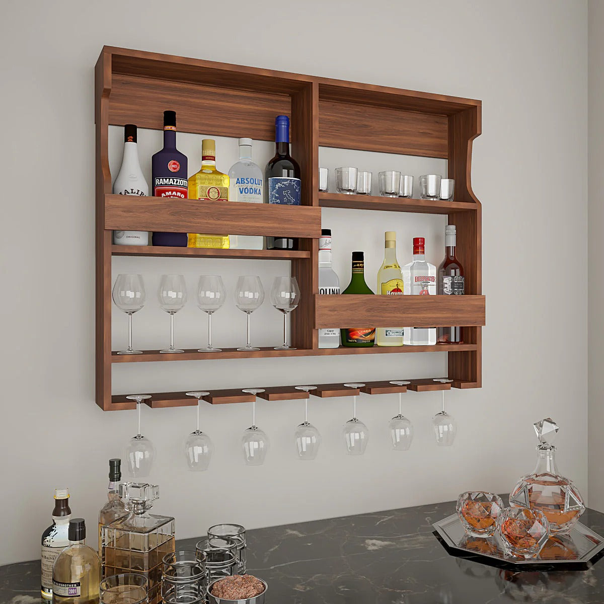 Luxurious Style Backlit Walnut Finished Mini Bar Shelf