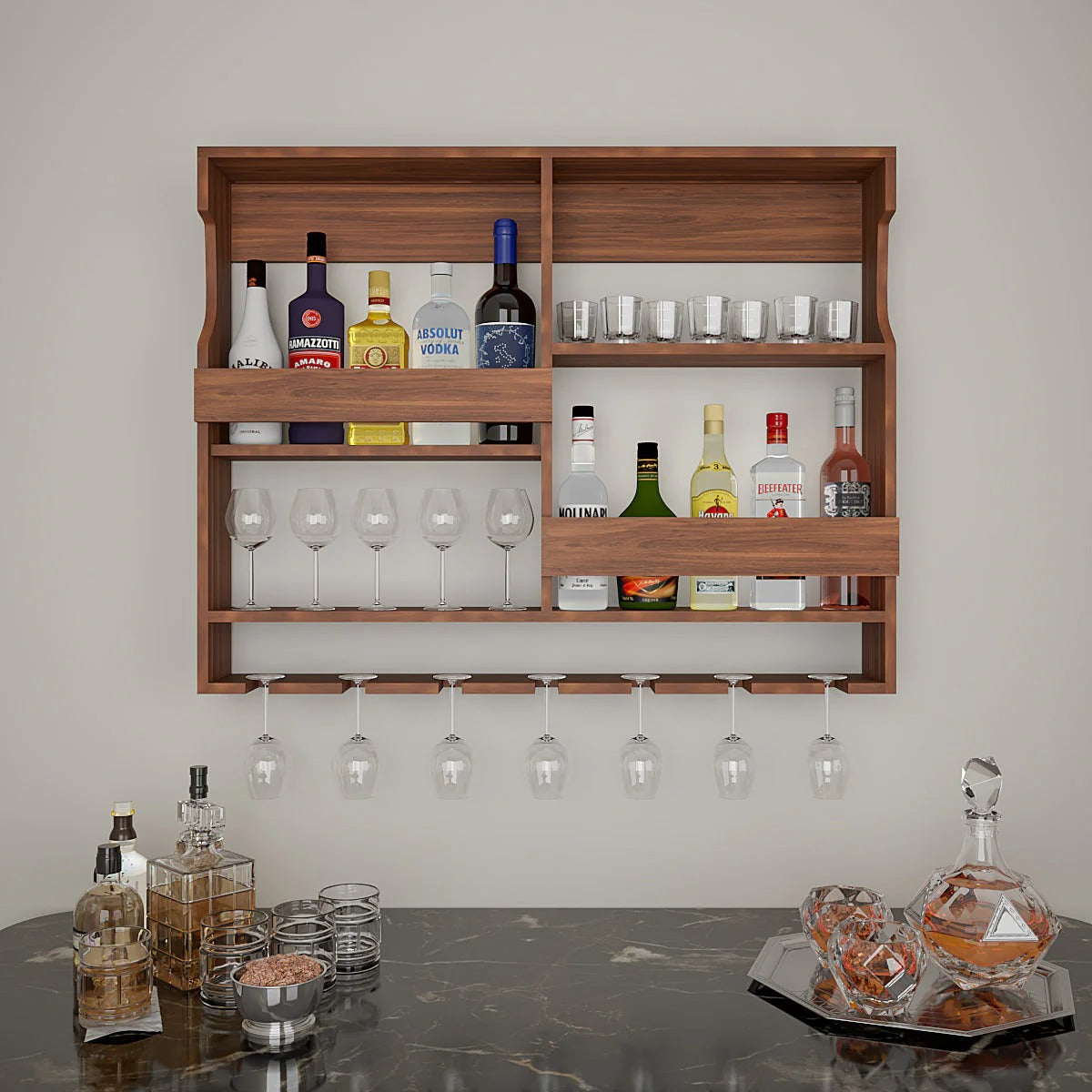 Luxurious Style Backlit Walnut Finished Mini Bar Shelf