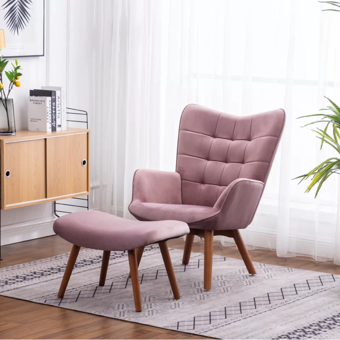 Luxurious Tufted Curvy Long Back Peach Lounge Chair with Ottoman