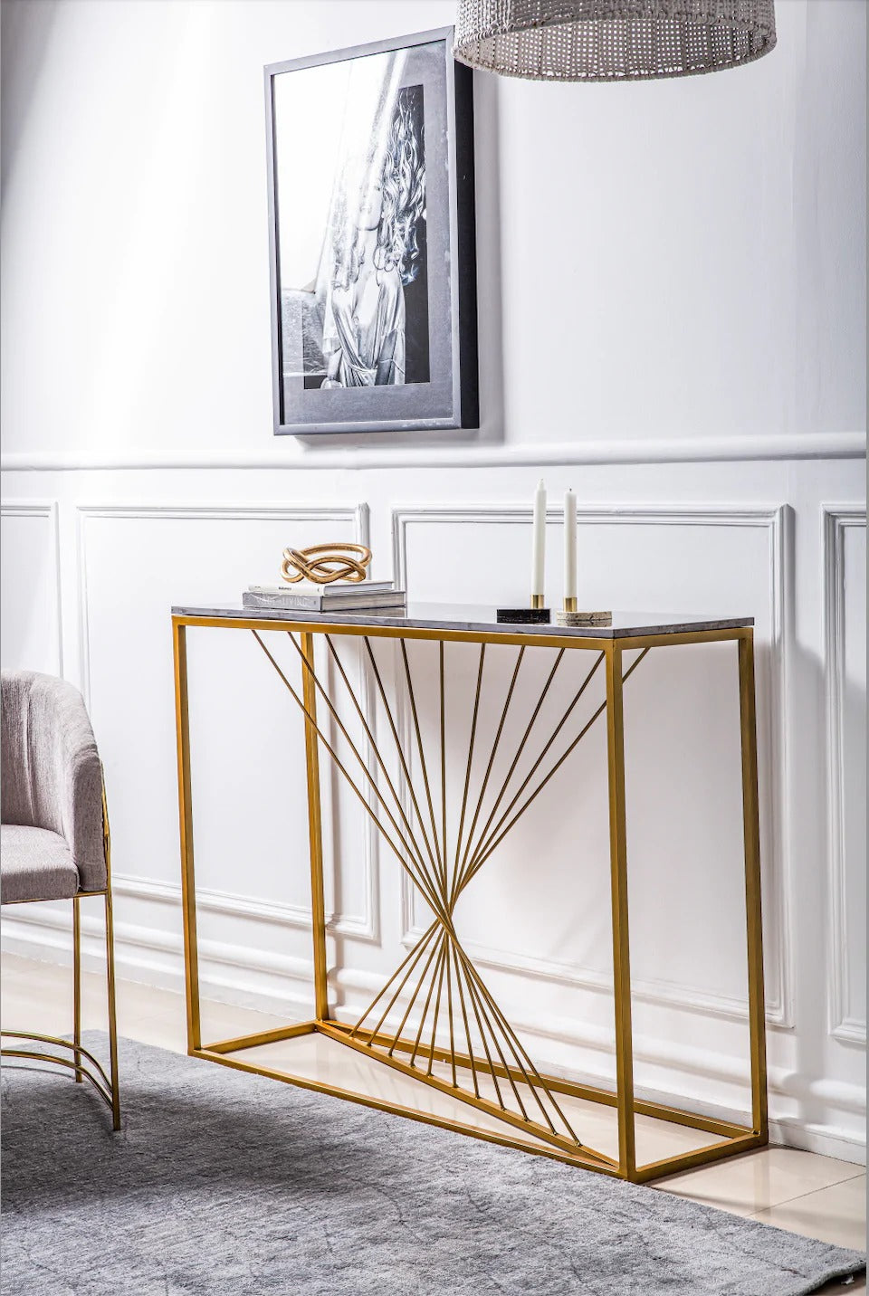 Luxury Marble Wall Console Table In Sleek Golden Rods Design