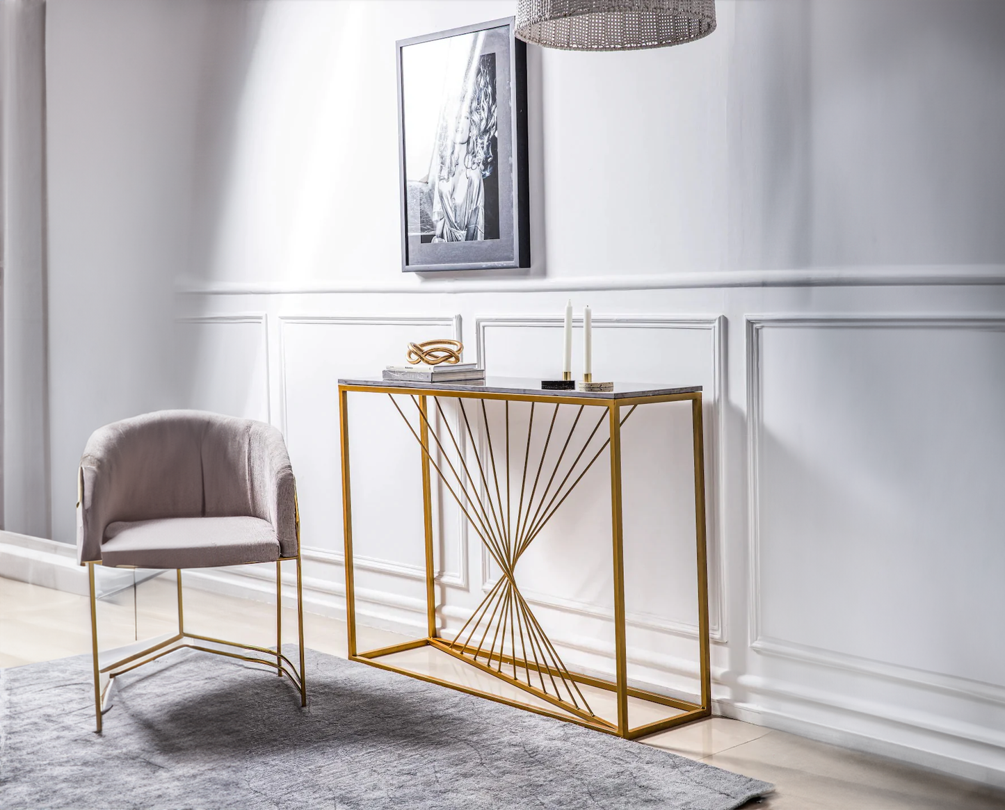 Luxury Marble Wall Console Table In Sleek Golden Rods Design