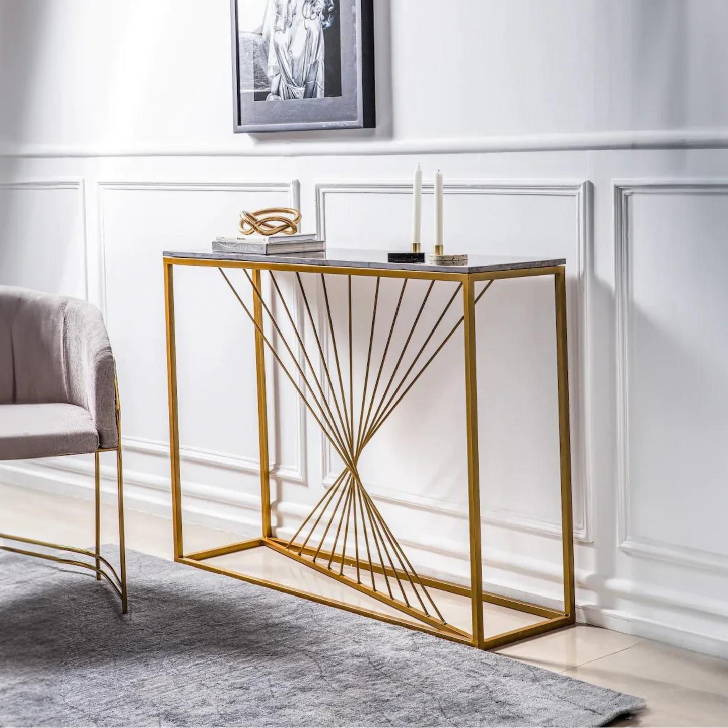 Luxury Marble Wall Console Table In Sleek Golden Rods Design