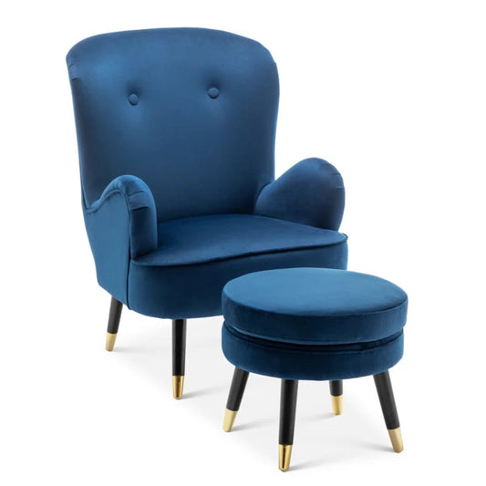 Luxury Navy Blue Comfy Velvet Lounge Chair with Ottoman