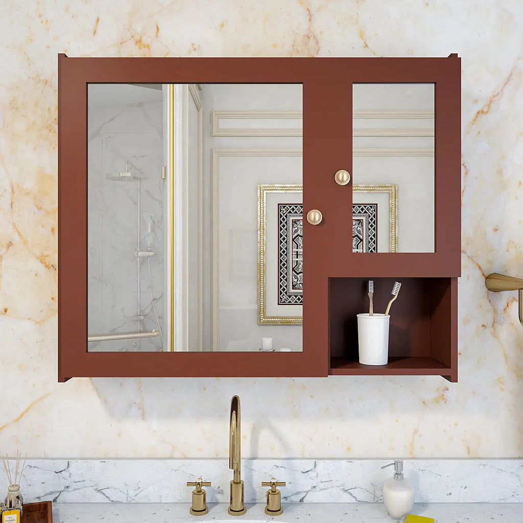 Luxury Stylish Wooden Bathroom Storage Cabinet with Mirrors & 5 Spacious Shelves with Brown Finish