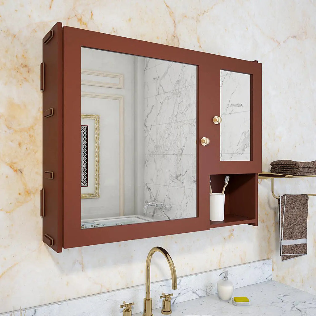 Luxury Stylish Wooden Bathroom Storage Cabinet with Mirrors & 5 Spacious Shelves with Brown Finish