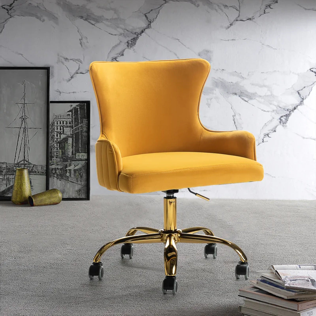 Luxury Yellow Velvet Comfy Armchair with Golden Base