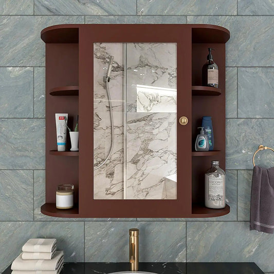 Premium Wooden Bathroom Cabinet Mirror with 10 Spacious Shelves with Brown Finish